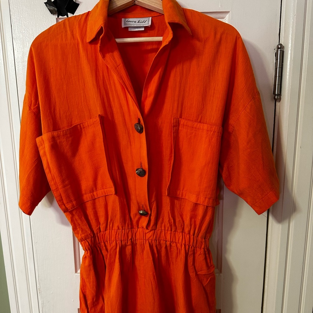 Vintage 90’s bright orange Laura Kidd %100 cotton romper with sea shell buttons